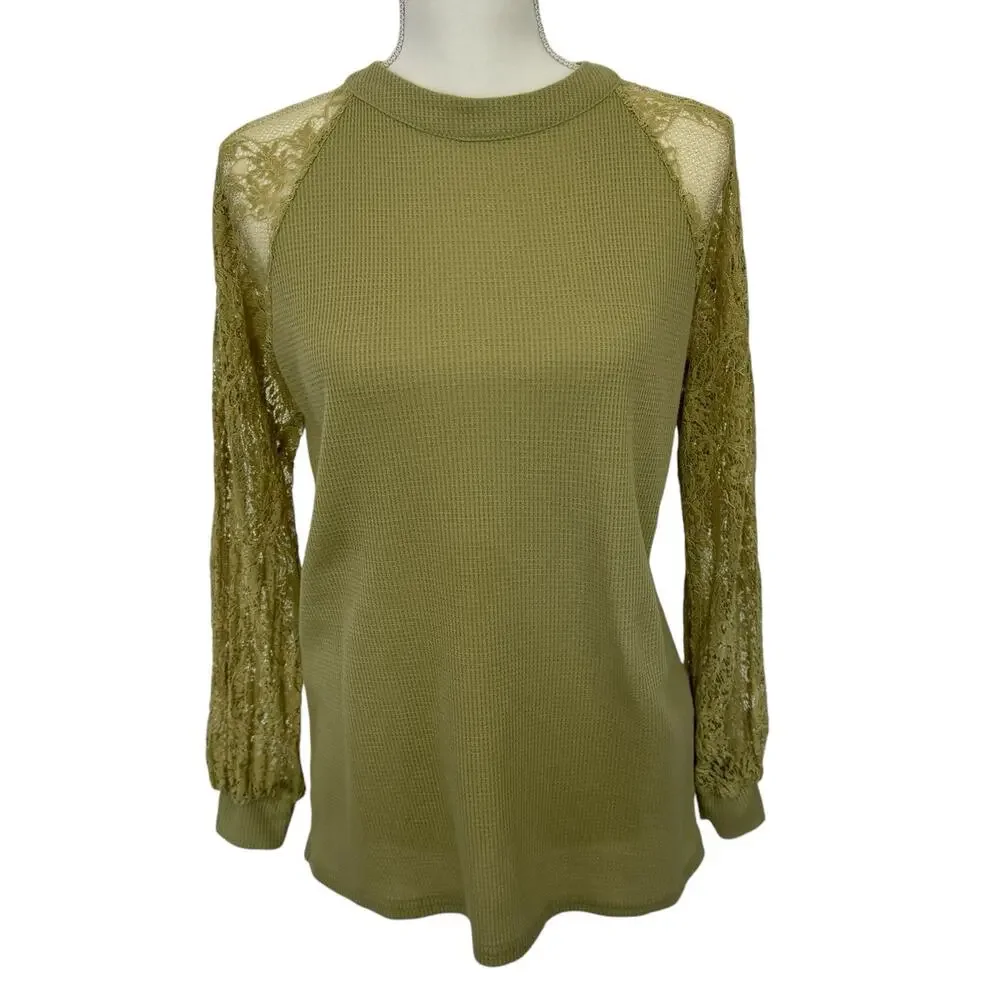 MIHOLL Olive Green Waffle Knit Top with Sheer Floral Lace Long Sleeve Size Small - Picture 2 of 11